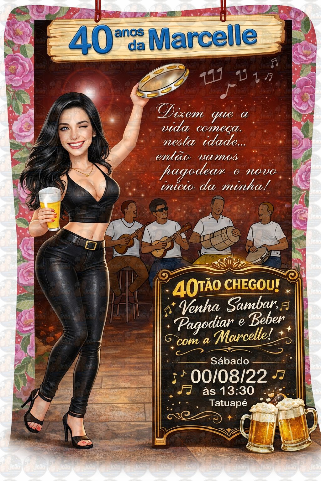 Caricatura convite mulher 30, 40, 50, 60 anos, pagode, loira, buteco, boteco, bar, convite, aniversário, personalizado, cerveja, pandeiro, dançando, sambando, convidando, vestido, pagodeiros, samba