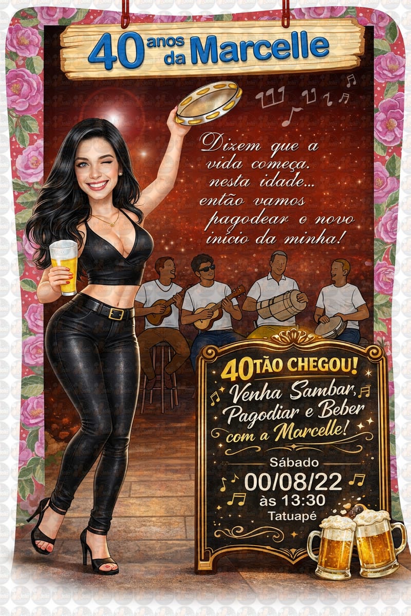 Caricatura convite mulher 30, 40, 50, 60 anos, pagode, loira, buteco, boteco, bar, convite, aniversário, personalizado, cerveja, pandeiro, dançando, sambando, convidando, vestido, pagodeiros, samba