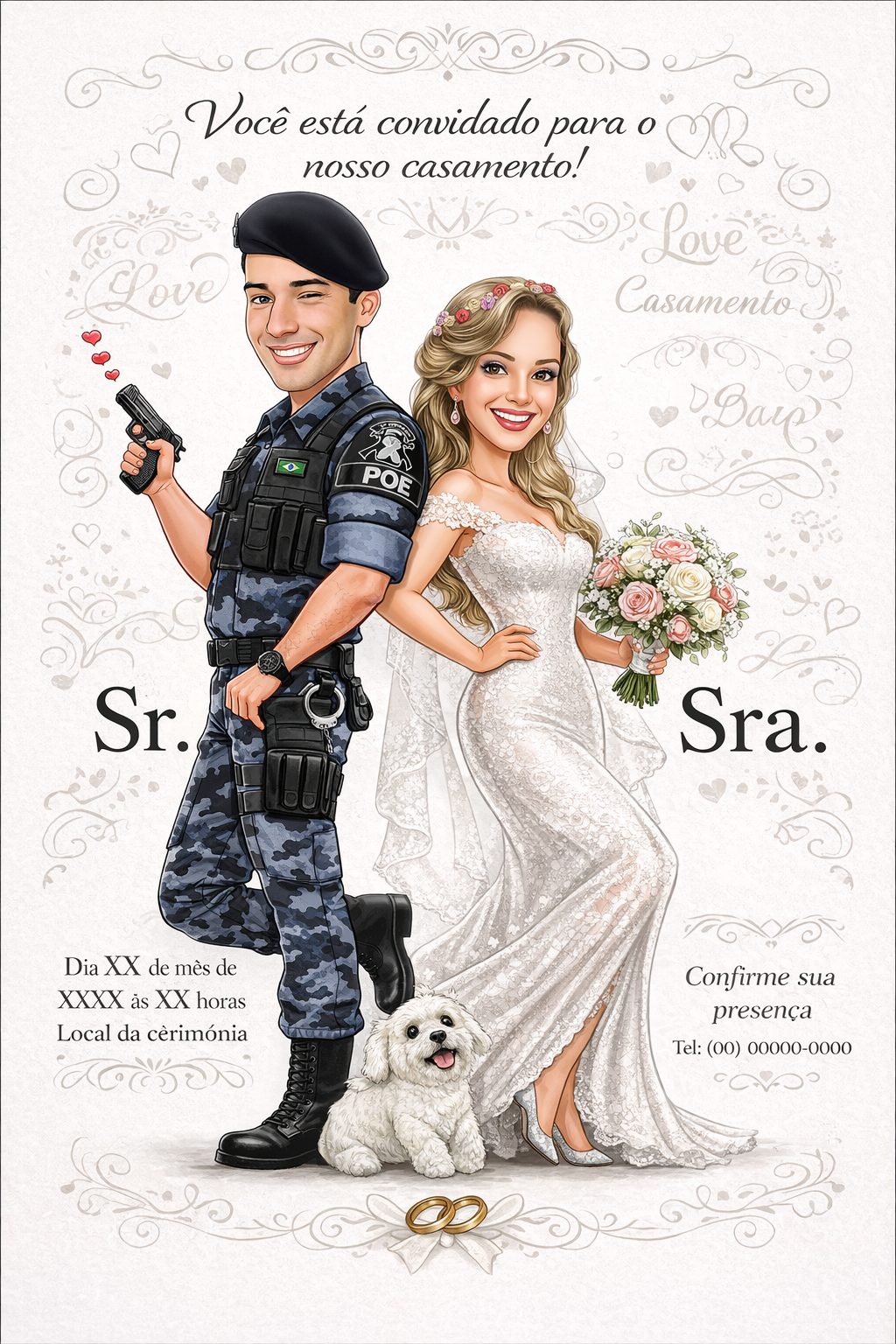 Caricatura Noivos Policial | Arte Personalizada para Casamento