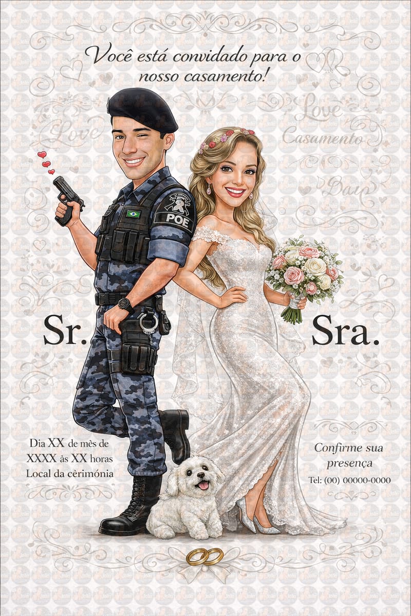 Caricatura Noivos Policial | Arte Personalizada para Casamento