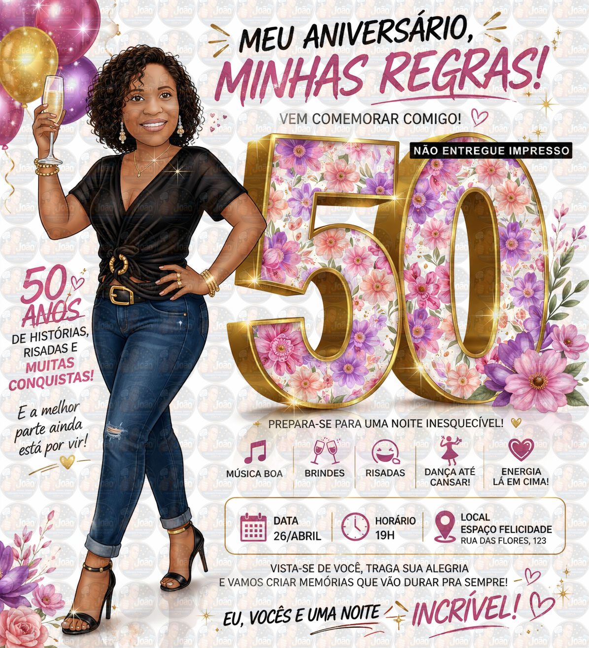 Convite Digital com Caricatura Personalizada Feminina para Aniversário