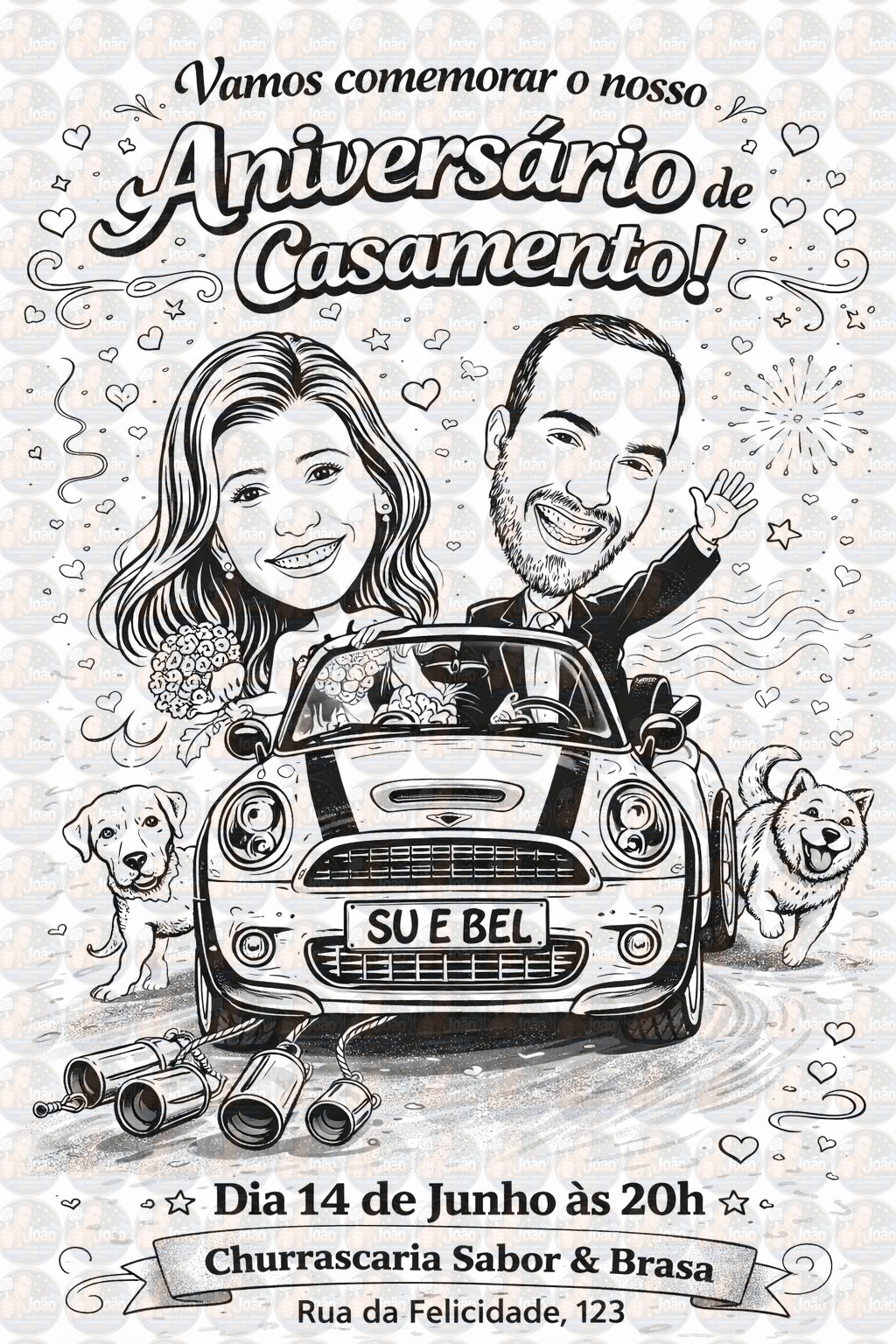 Caricatura de Casamento com Carro – Noivos Dirigindo Personalizada