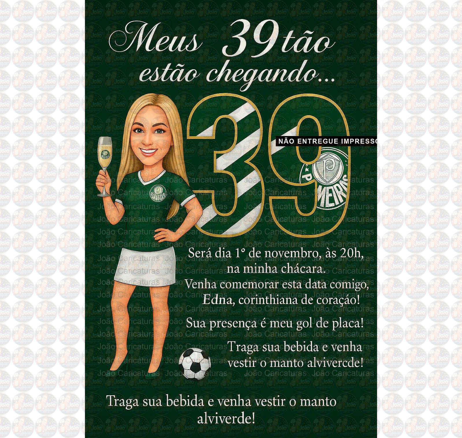 Caricatura mulher torcedora brindando aniversário fluminense palmeiras corinthias time bonita festa comemoração imprimir boteco champanhe