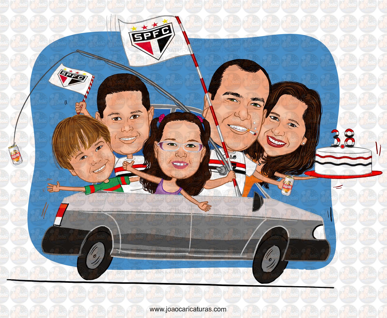 Caricatura Digital Personalizada de Família com Carro (Preço por Pessoa)