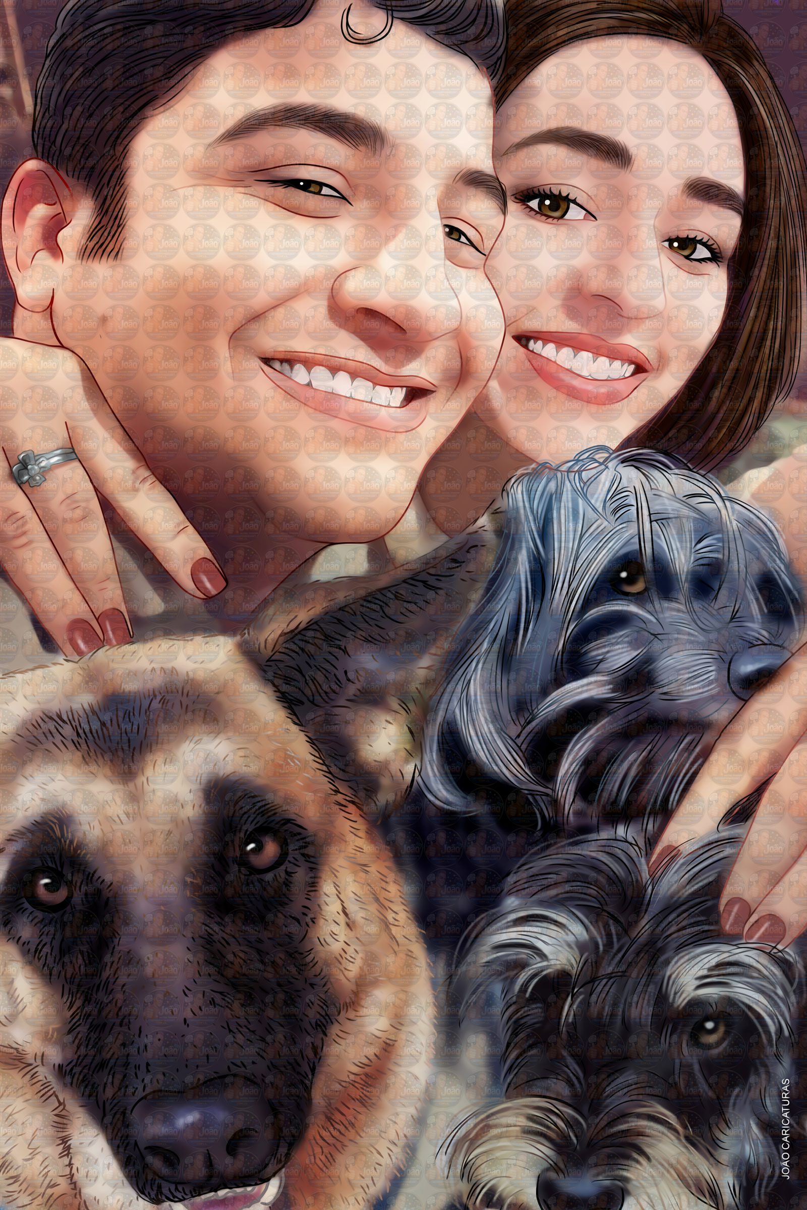 Caricatura digital de casal namorados namoro abraçados aniversário festa presente juntinhos crush moderna realista rosto normal natura traços perfeitos idênticos cão dog cachorro pet