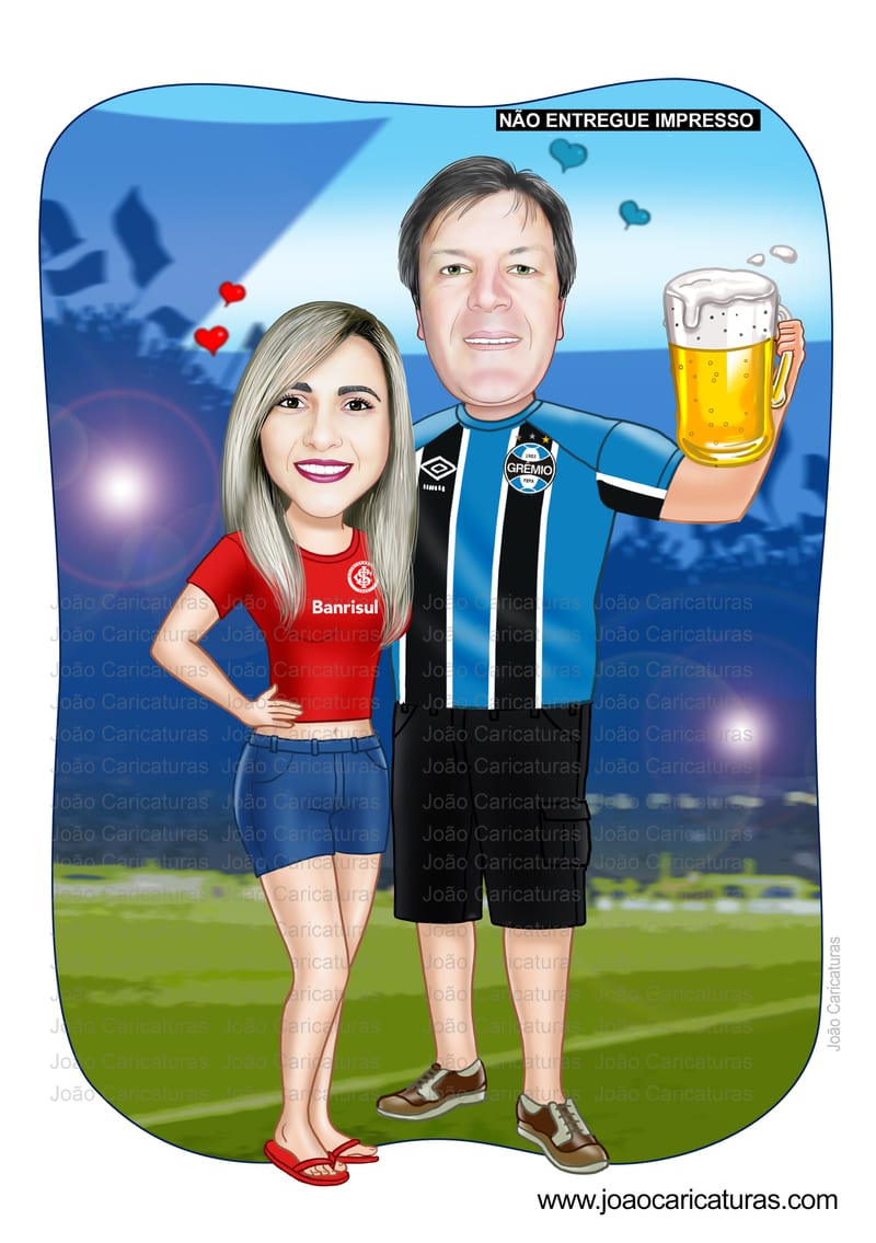 Caricatura digital de casal bodas namorados namoro abraçados aniversário camisa time grêmio celular cerveja chopp rosto normal Santos. gostosa internacional times sereia mulherão