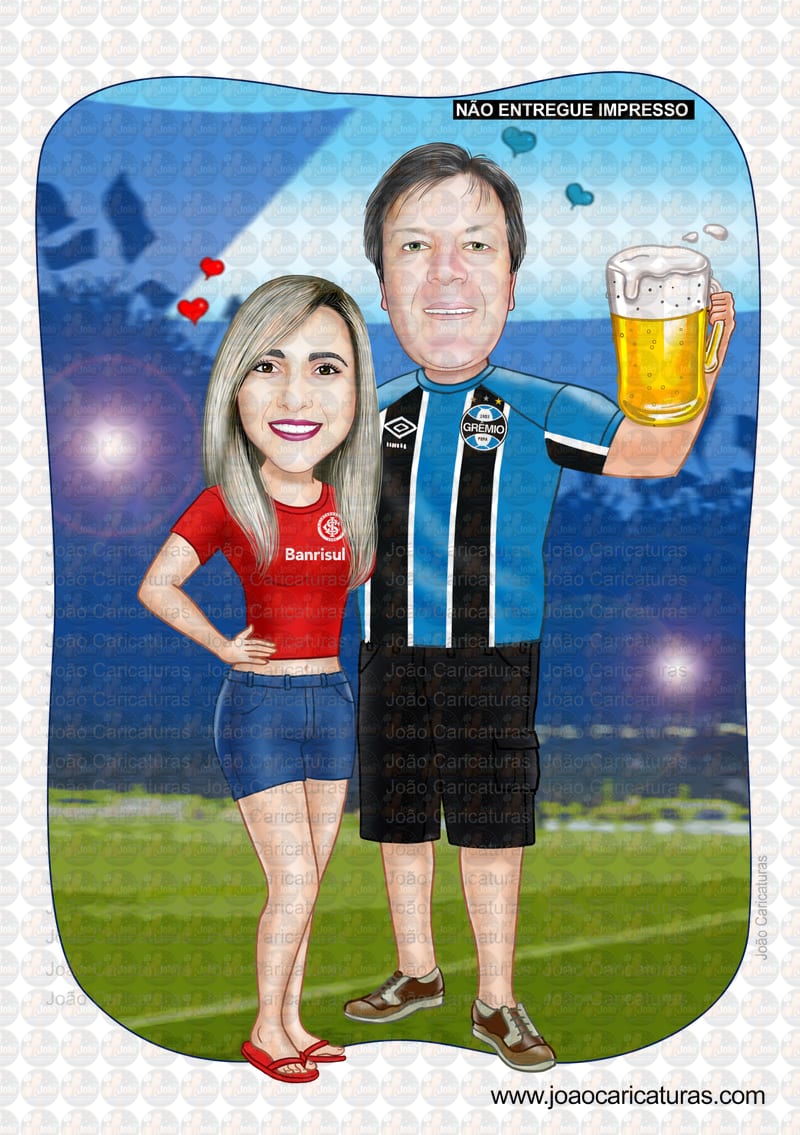 Caricatura digital de casal bodas namorados namoro abraçados aniversário camisa time grêmio celular cerveja chopp rosto normal Santos. gostosa internacional times sereia mulherão