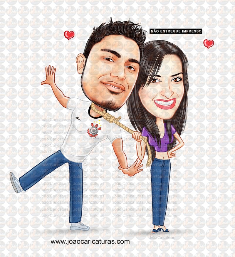 Caricatura desenho casal namorados time de futebol corinthians puxando corda pescoço amarrado preso controlado na corda cachorrinho timão torcedor fanático gaviões da fiel