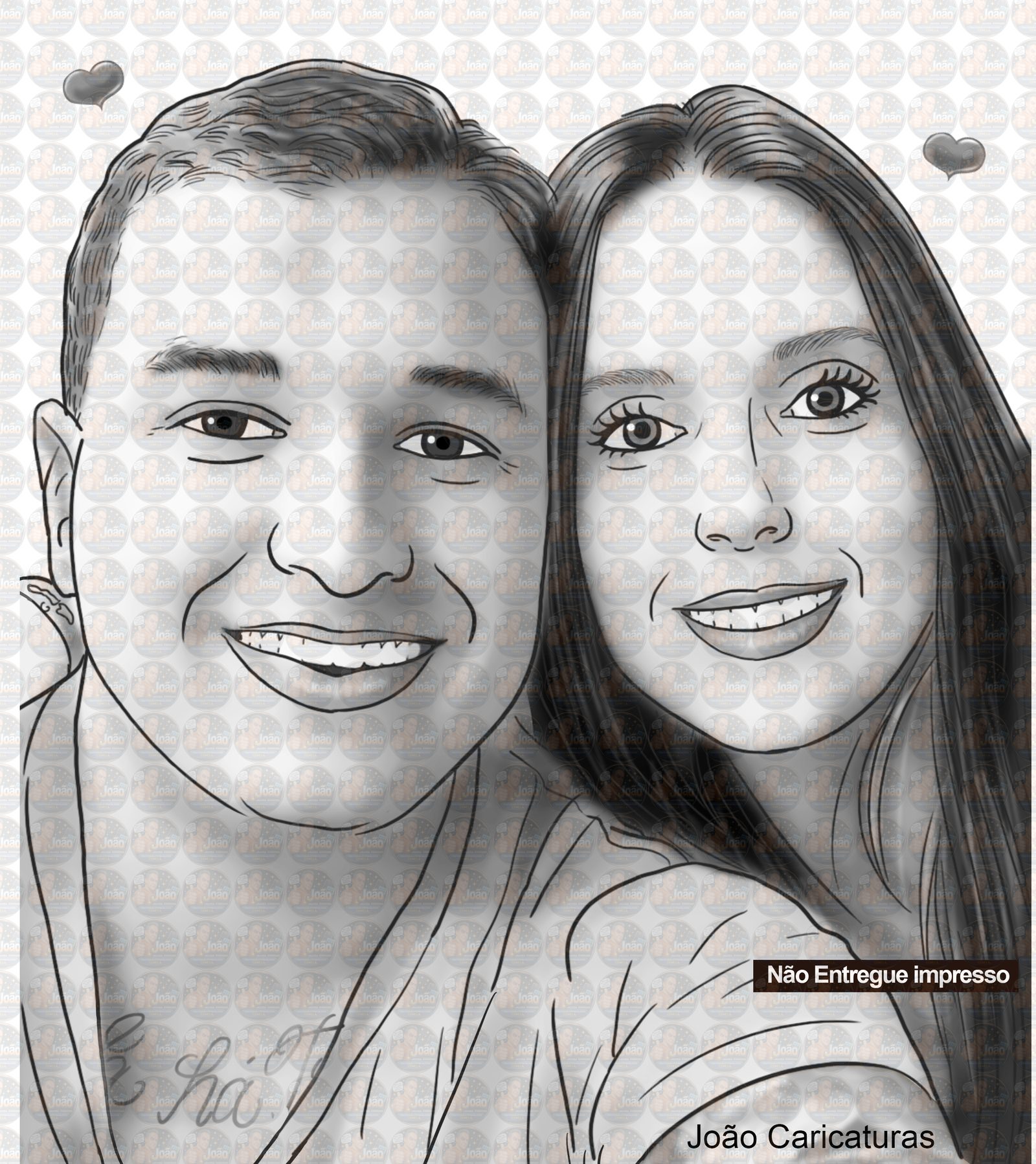 Caricatura desenho de casal meio tom de cinza, namorados, marido esposa,lembrança da pessoa.Mãe,filha, família
