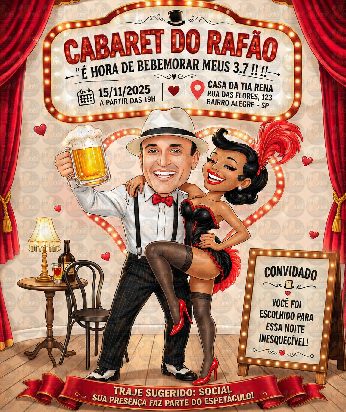 Caricatura Tema Cabaré Feminino | Convite Personalizado com Plumas