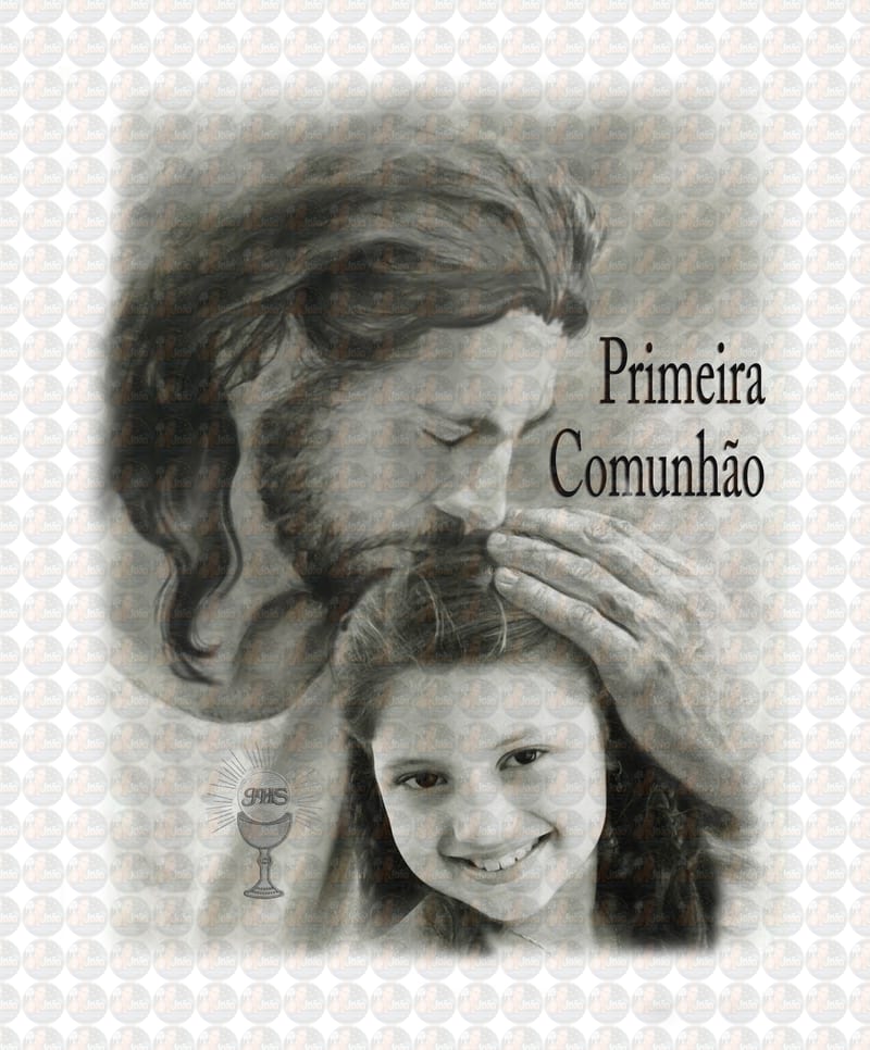Montagem Primeira Comunhão, Eucaristia, Deus, foto, menina, filho,  Cristo , Jesus, com criança, garota, abraçando, protegendo, memória eterna, nos braços , acolhida