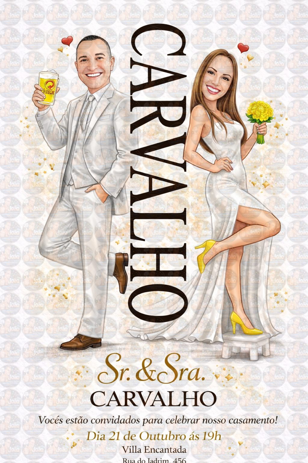 Caricatura Casamento Elegante | Noivo e Noiva Personalizados