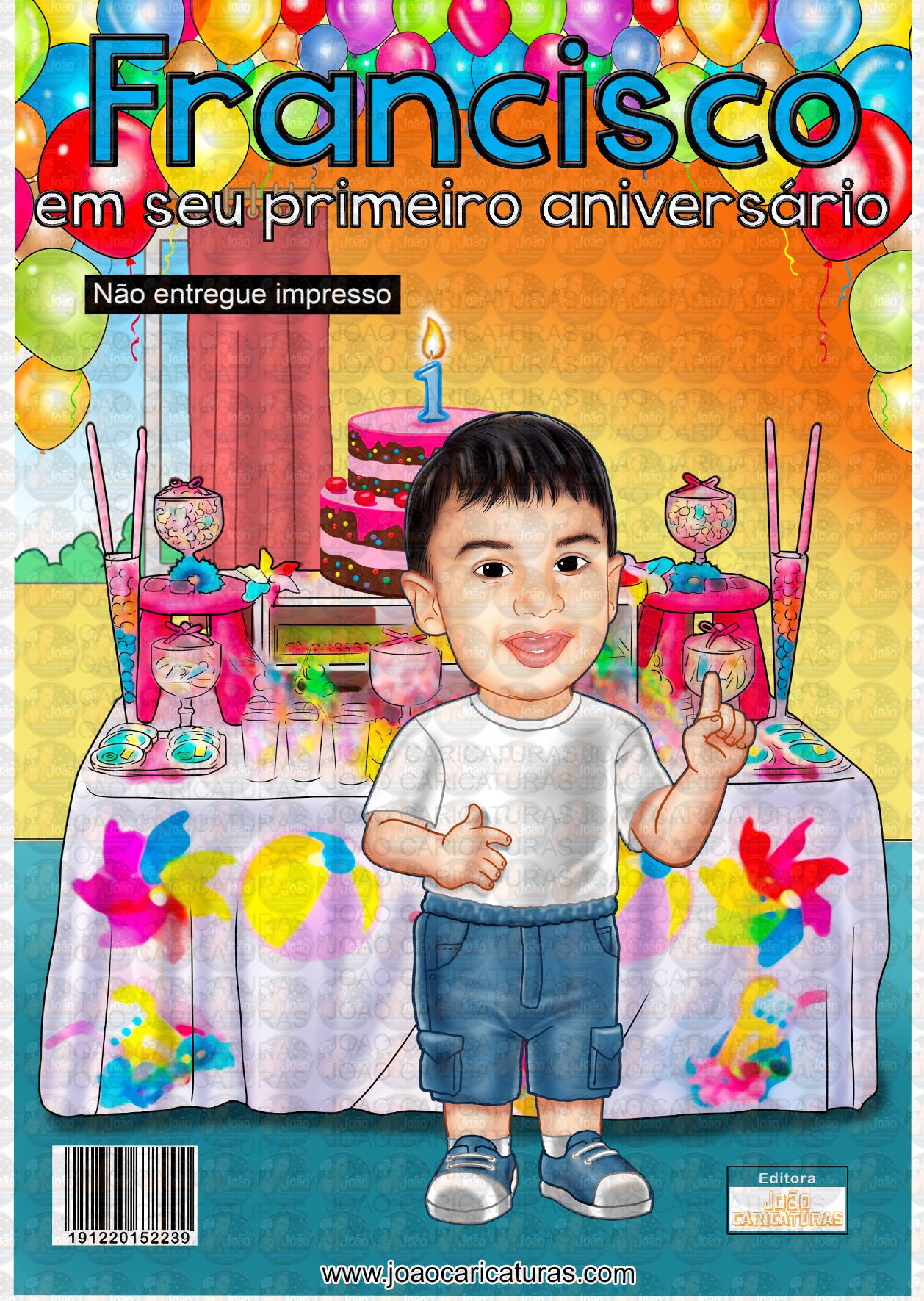 Caricatura aniversário criança menino filho bebê neto netinho 1 2 3 anos imagem imitando capa de gibi mesa bolo enfeites balões 1 aninho infantil primeiro aniversário