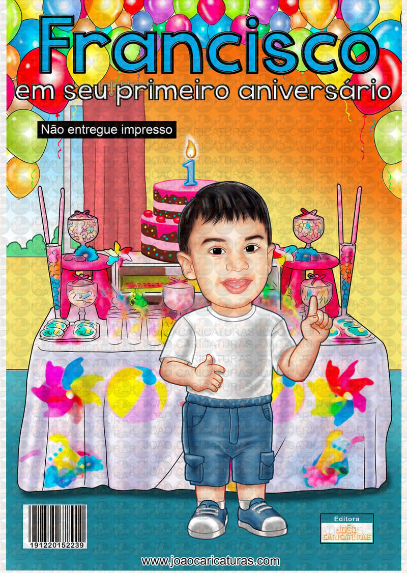 Caricatura aniversário criança menino filho bebê neto netinho 1 2 3 anos imagem imitando capa de gibi mesa bolo enfeites balões 1 aninho infantil primeiro aniversário
