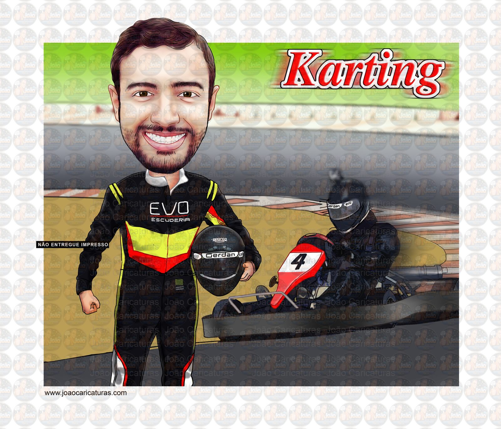 Caricatura corredor homem namorado marido aniversariante corredor mini kart atleta medalha quadro banner camiseta velocidade presente criativo personalizado único hobby preferido