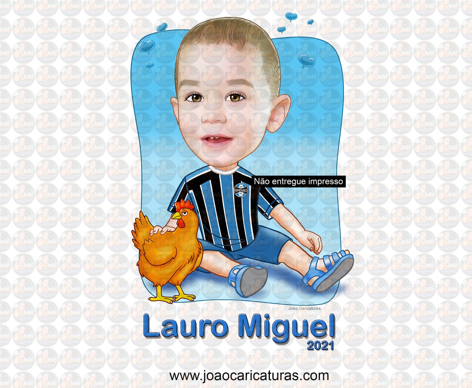 Caricatura aniversário criança filho camiseta grêmio palmeiras time bola correndo neto sobrinho sentada camisa time galinha bebê garoto filho menino pat animal estimação presente quadro