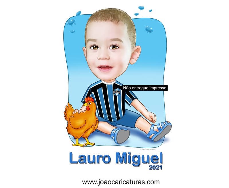 Caricatura aniversário criança filho camiseta grêmio palmeiras time bola correndo neto sobrinho sentada camisa time galinha bebê garoto filho menino pat animal estimação presente quadro