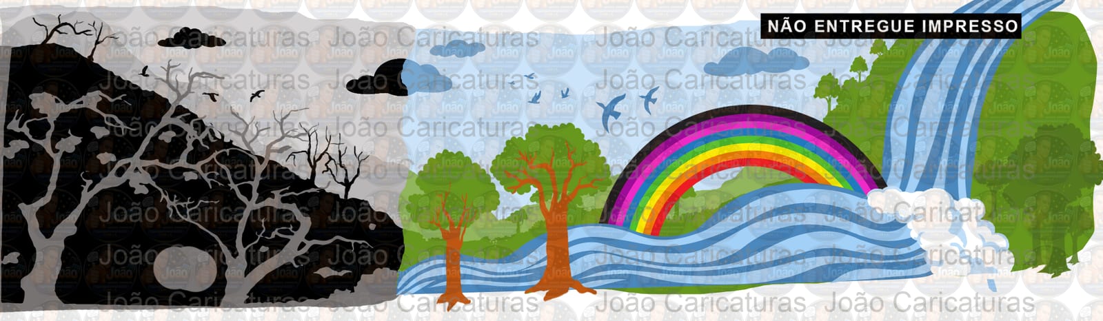Desenho ilustração artistica braço de homem segurando copo cachoeira flores beija flor água e solo seco seca sol irrigação arvores mortas arco iris deserto força da agua