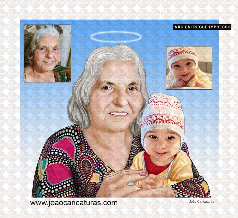 Desenho avó já falecida com neto (preço por pessoa) q não conheceu recordação montagem desenhada unindo juntando fotos no colo feliz mãe filha na mesma ilustração desenho foto antiga