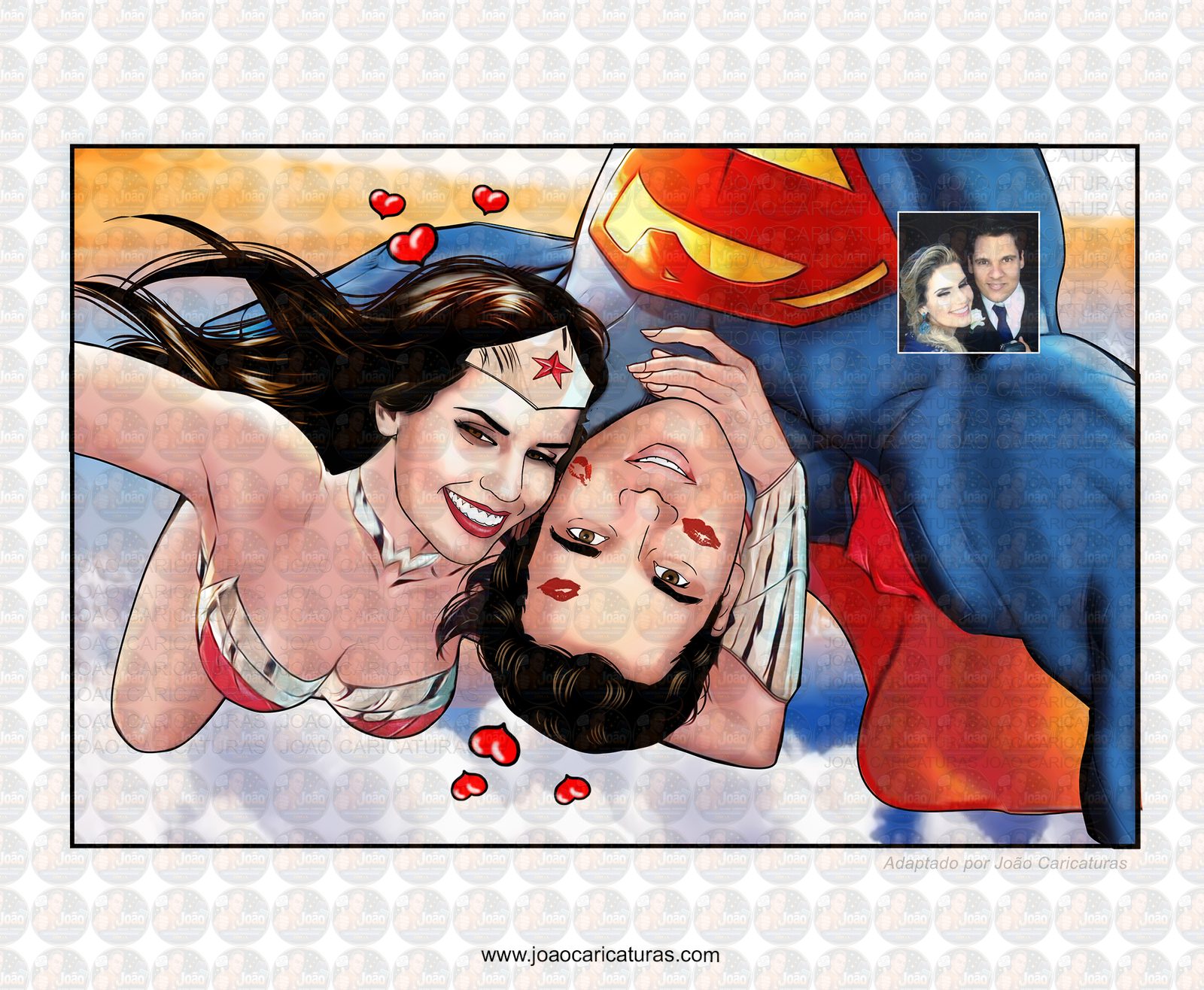 caricaturas casal namorados marido mulher esposo esposa realista casamento mulher maravilha e superman abraçando apaixonados sensual romântica digitais delicados presente quadrinho heróis