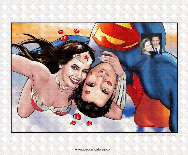 caricaturas casal namorados marido mulher esposo esposa realista casamento mulher maravilha e superman abraçando apaixonados sensual romântica digitais delicados presente quadrinho heróis