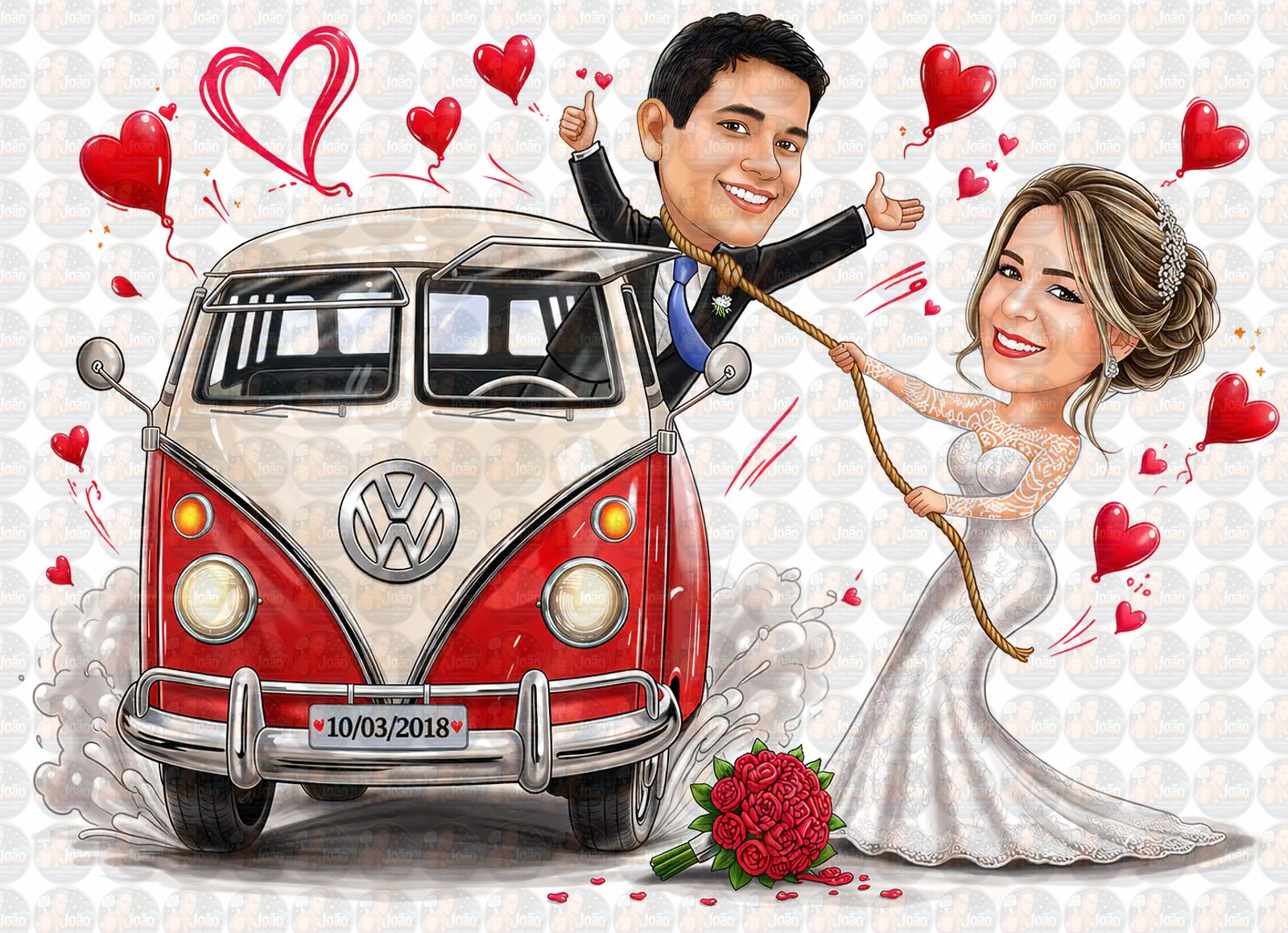 Caricatura de Casamento com Carro Personalizada – Noivos Dirigindo e Tema Automotivo