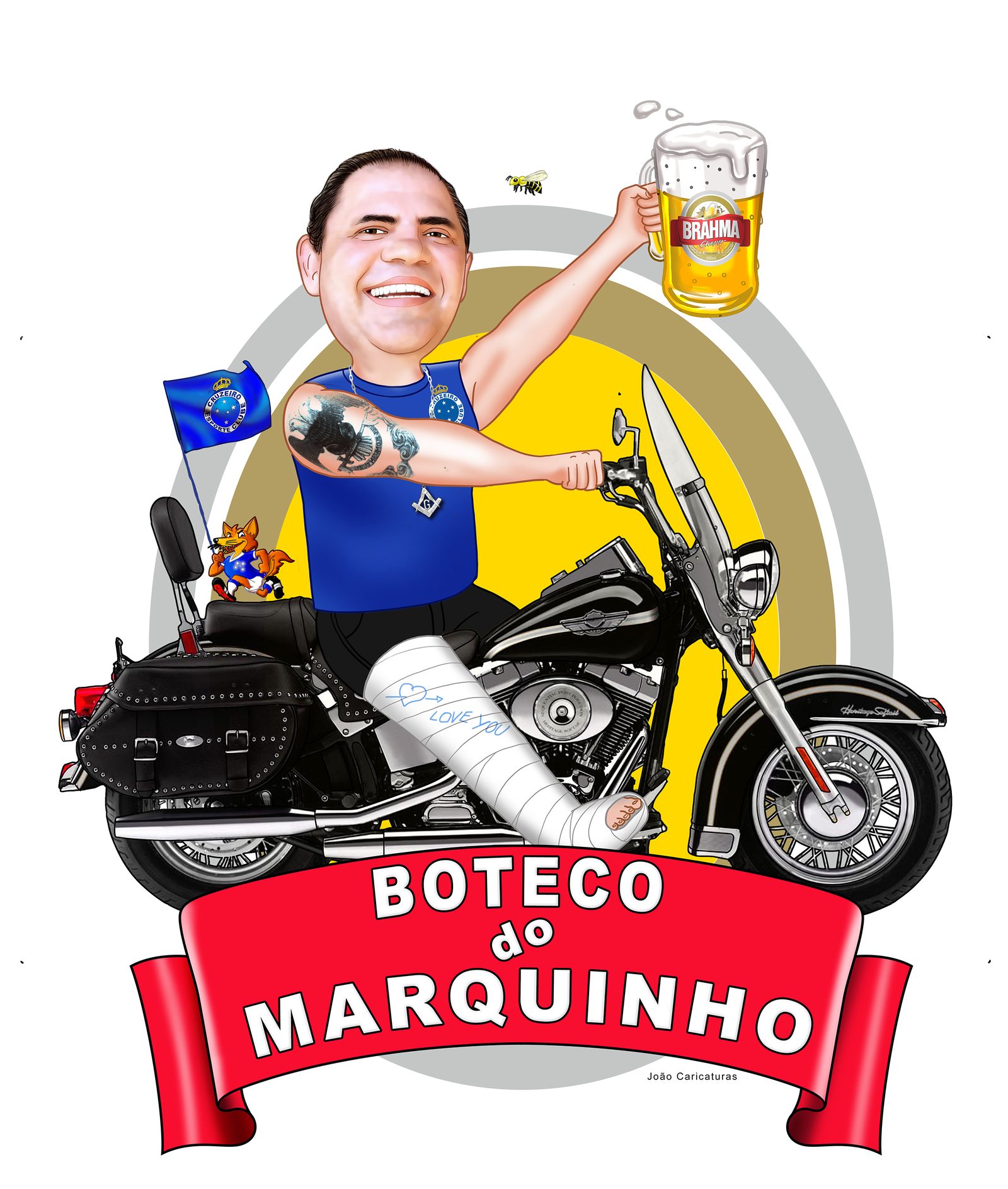 Caricatura aniversariante motoqueiro motociclista moto grande Harley Davidson comemoração time boteco cerveja cruzeiro