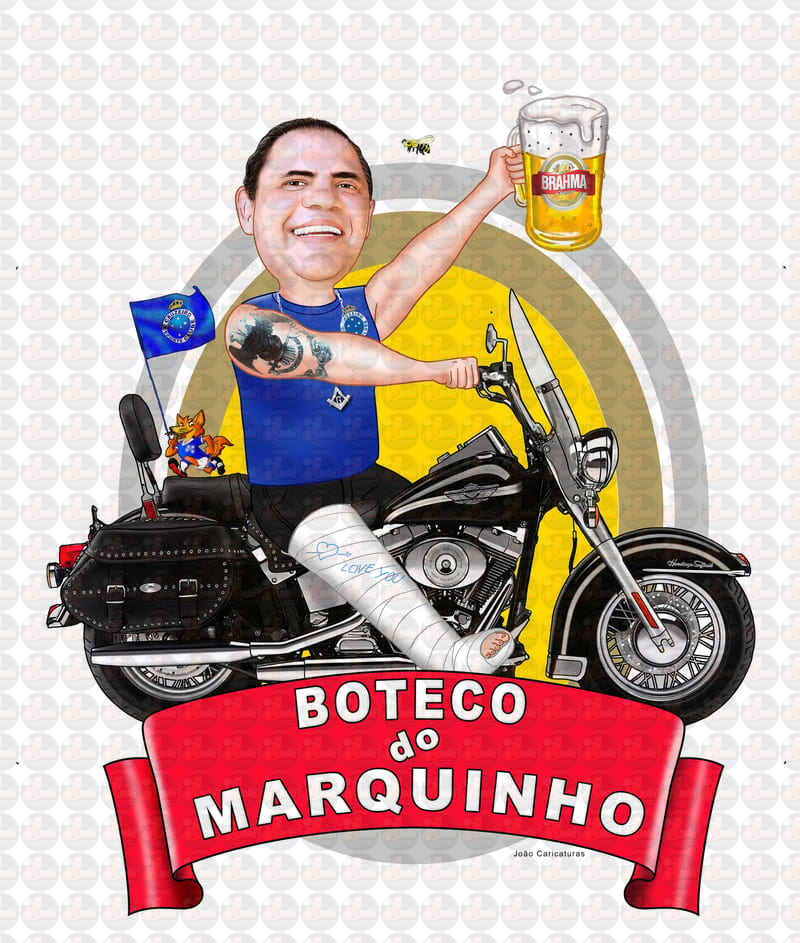 Caricatura aniversariante motoqueiro  motociclista moto grande Harley Davidson comemoração time boteco cerveja cruzeiro