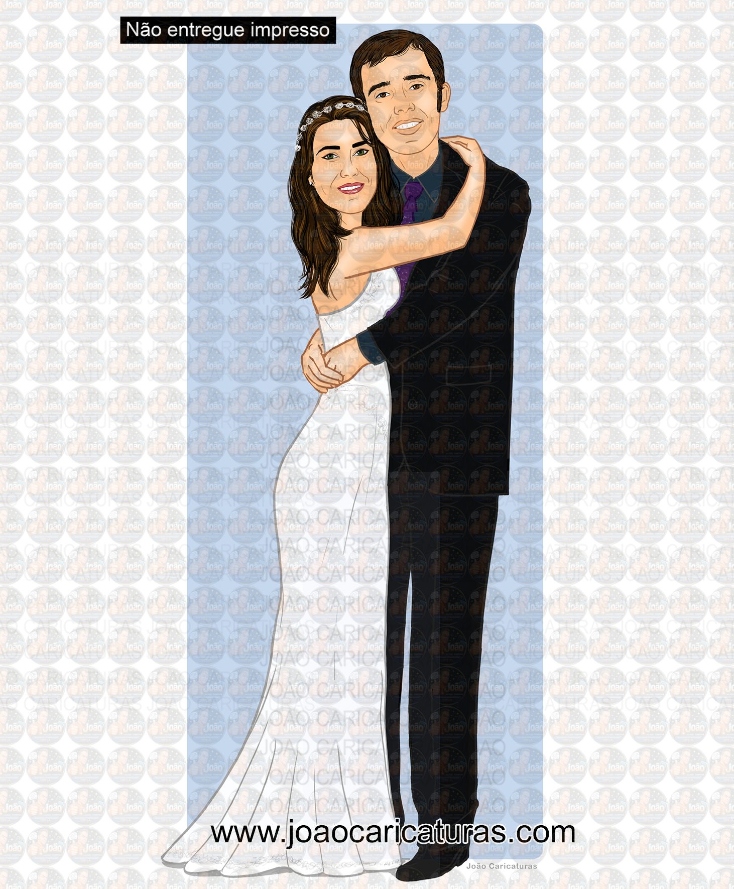 Caricatura casamento cabeça proporcional ao corpo realista noivos abraçados apaixonados