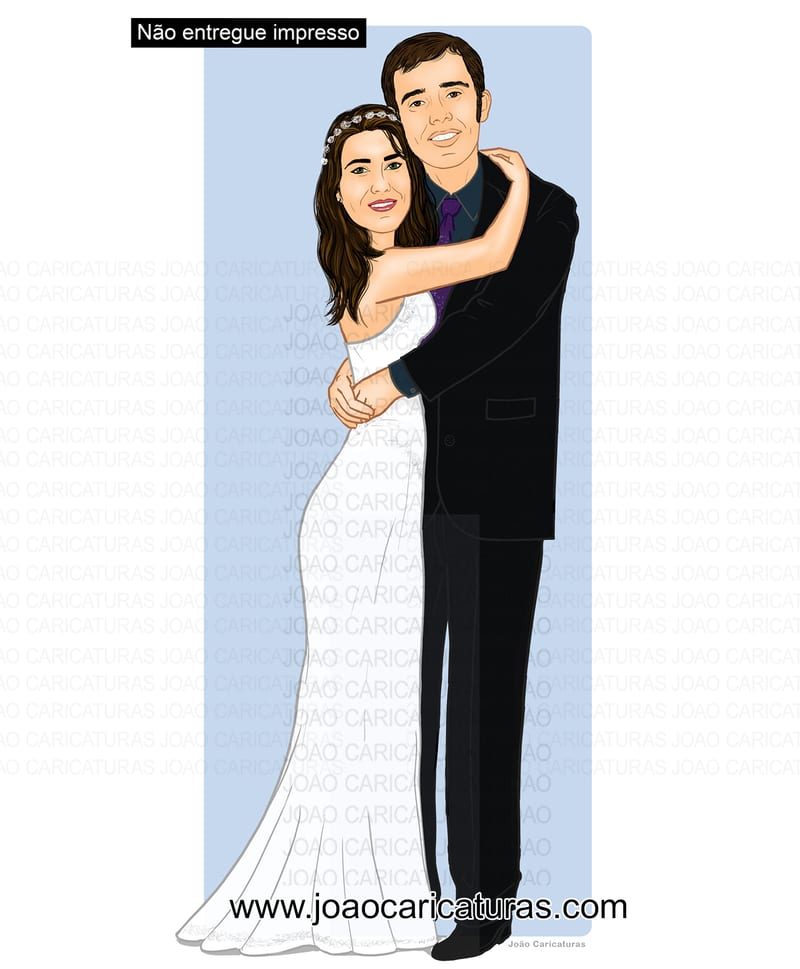 Caricatura casamento cabeça proporcional ao corpo realista noivos abraçados apaixonados