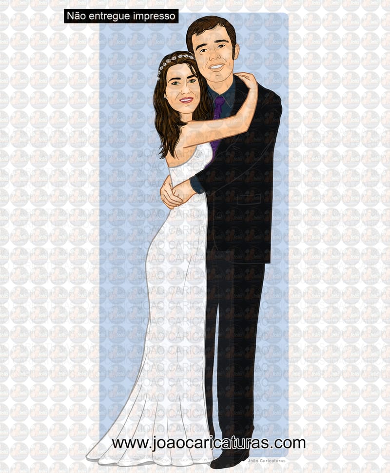 Caricatura casamento cabeça proporcional ao corpo realista noivos abraçados apaixonados