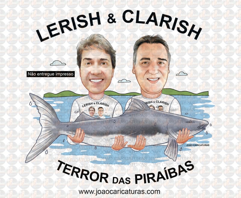 Caricatura digital de 2 pescadores para logomarca peixe piraíba caneca cerveja pesqueiro avô desenho realista logotipo logo