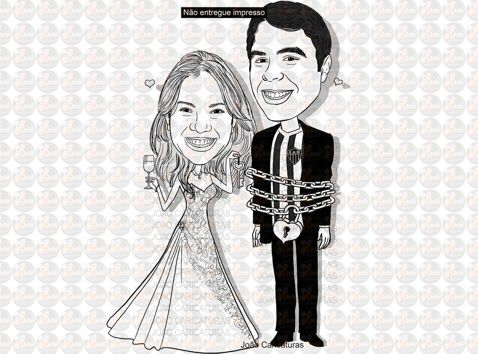 Caricatura casal traço sem cor corel casamento, noivo, noiva, vetor, vetorial, 1 cor, brindando, divertida, puxando pela corda, acorrentado, abraçado marido esposa