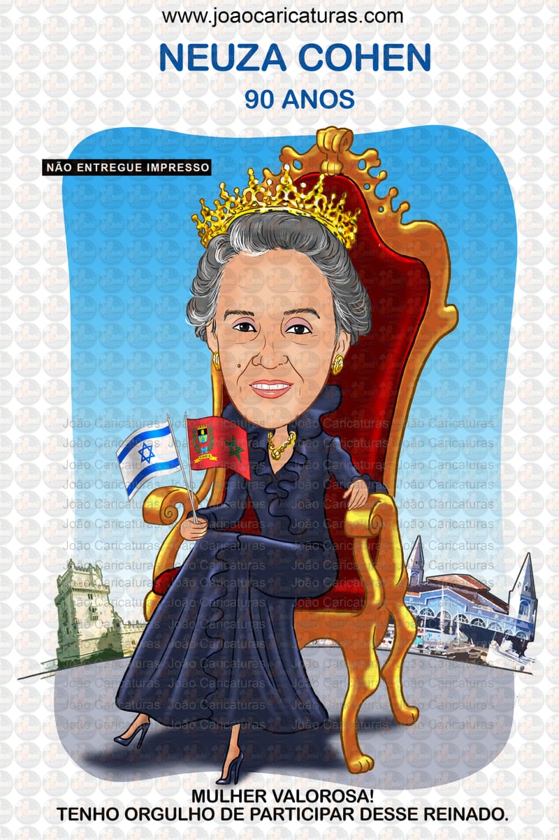 Caricatura, desenho avó, mãe, matriarca, senhora, sra, vovó, netos, filhos, rainha, coroada, trono, centenária, poderosa, sentada, família, realeza, poderosa, fiel, caprichada, idêntica, igual a foto