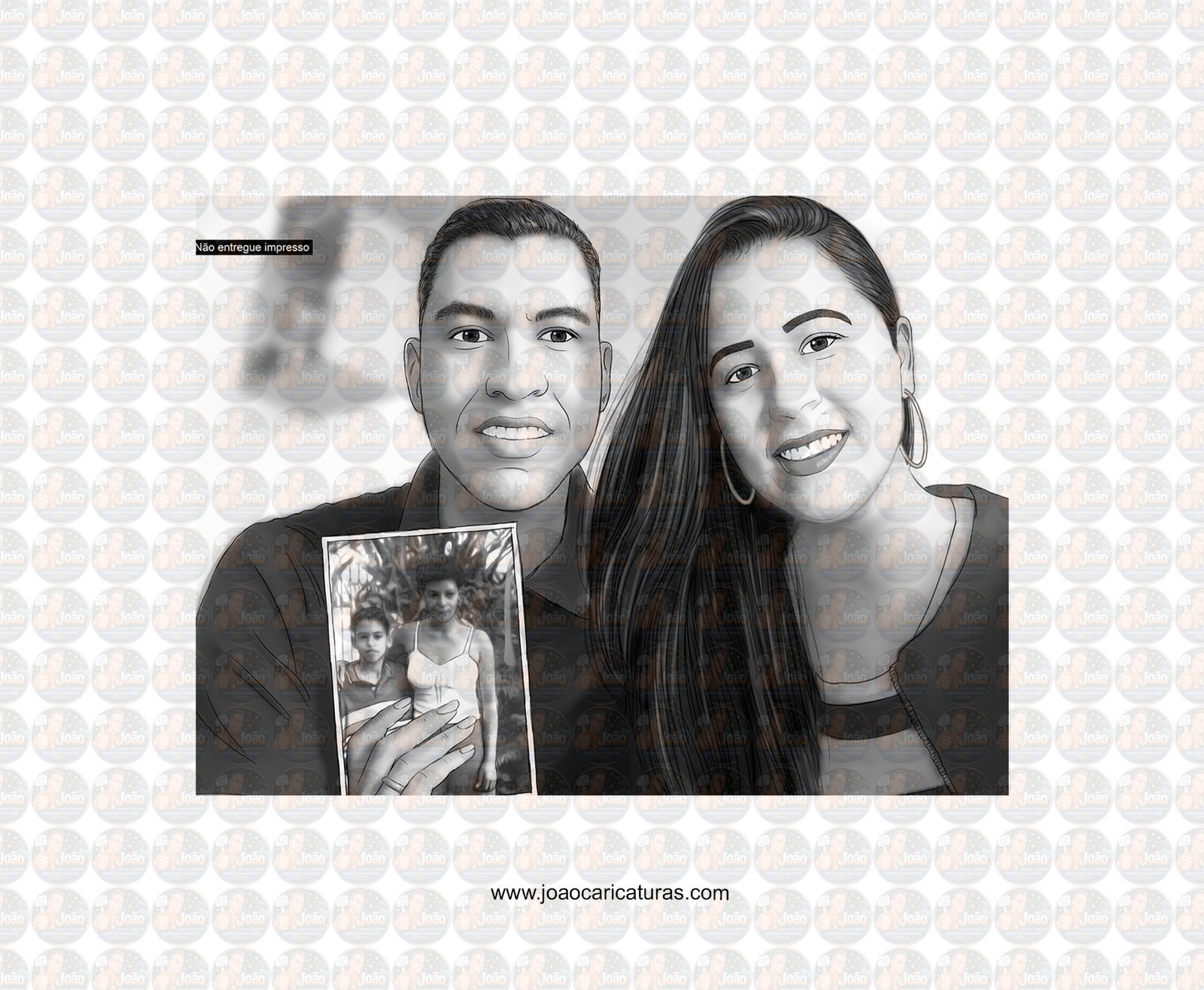 Caricatura desenho de casal meio tom de cinza, namorados, marido esposa,lembrança da pessoa.Mãe,filha, família