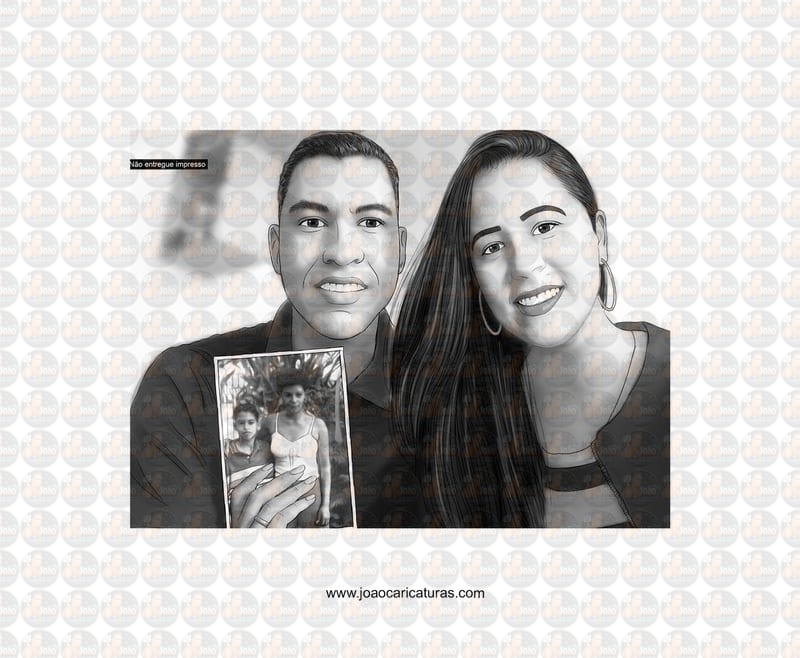 Caricatura desenho de casal meio tom de cinza, namorados, marido esposa,lembrança da pessoa.Mãe,filha, família