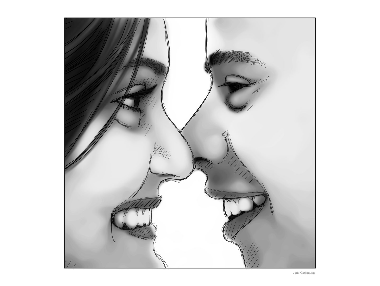 Caricatura desenho de casal meio tom de cinza, namorados,pinguim, marido esposa,lembrança da pessoa.Mãe,filha, família