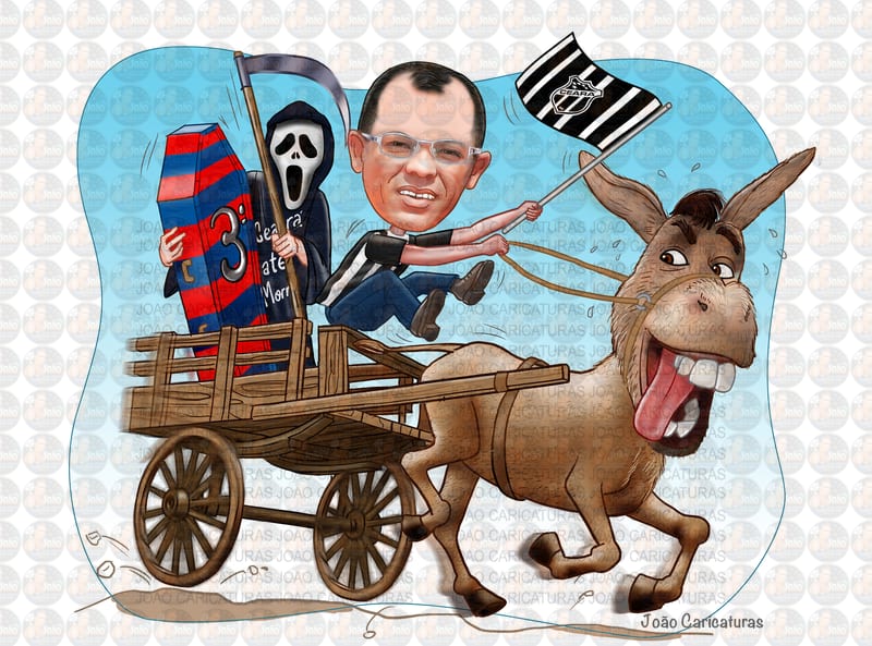 Caricatura aniversário homem carroça, burro, jumento, bandeira time ceará, morte, foice, caixão, torcedor, louco