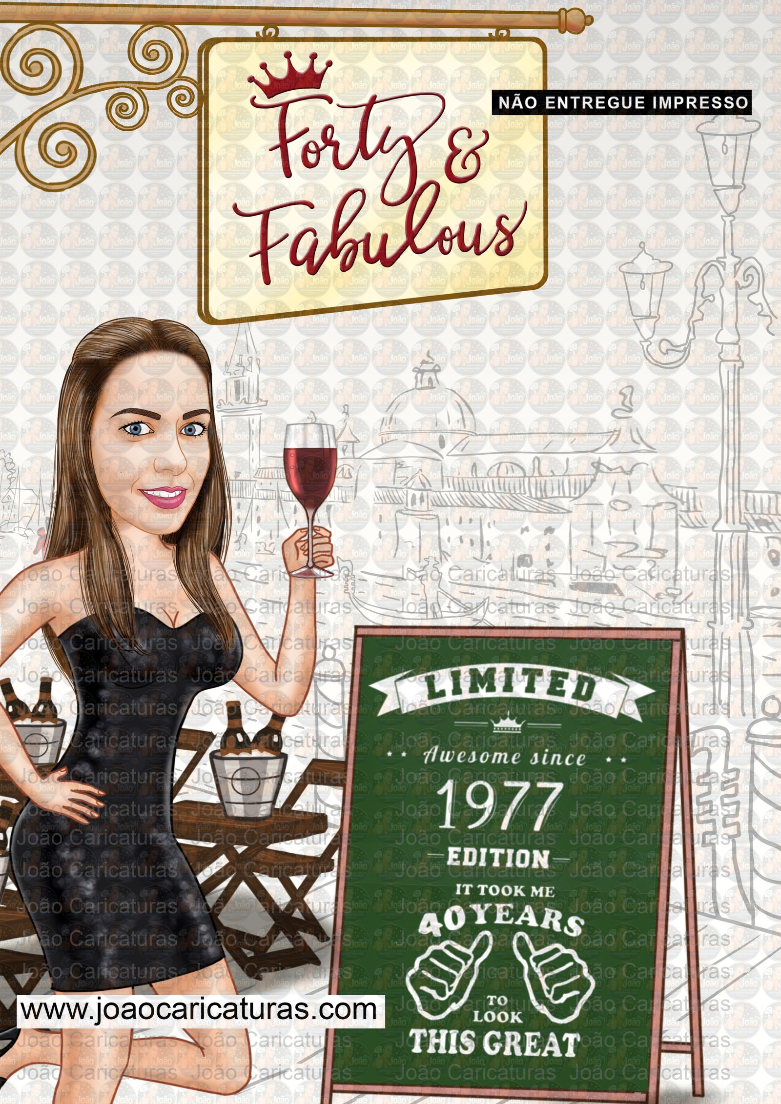 Caricatura de mulher barzinho em Veneza, gôndolas, convite digital, bristô, Paris, torre eiffel, boteco, samba, aniversário, pandeiro, Itália, Gondoleiro