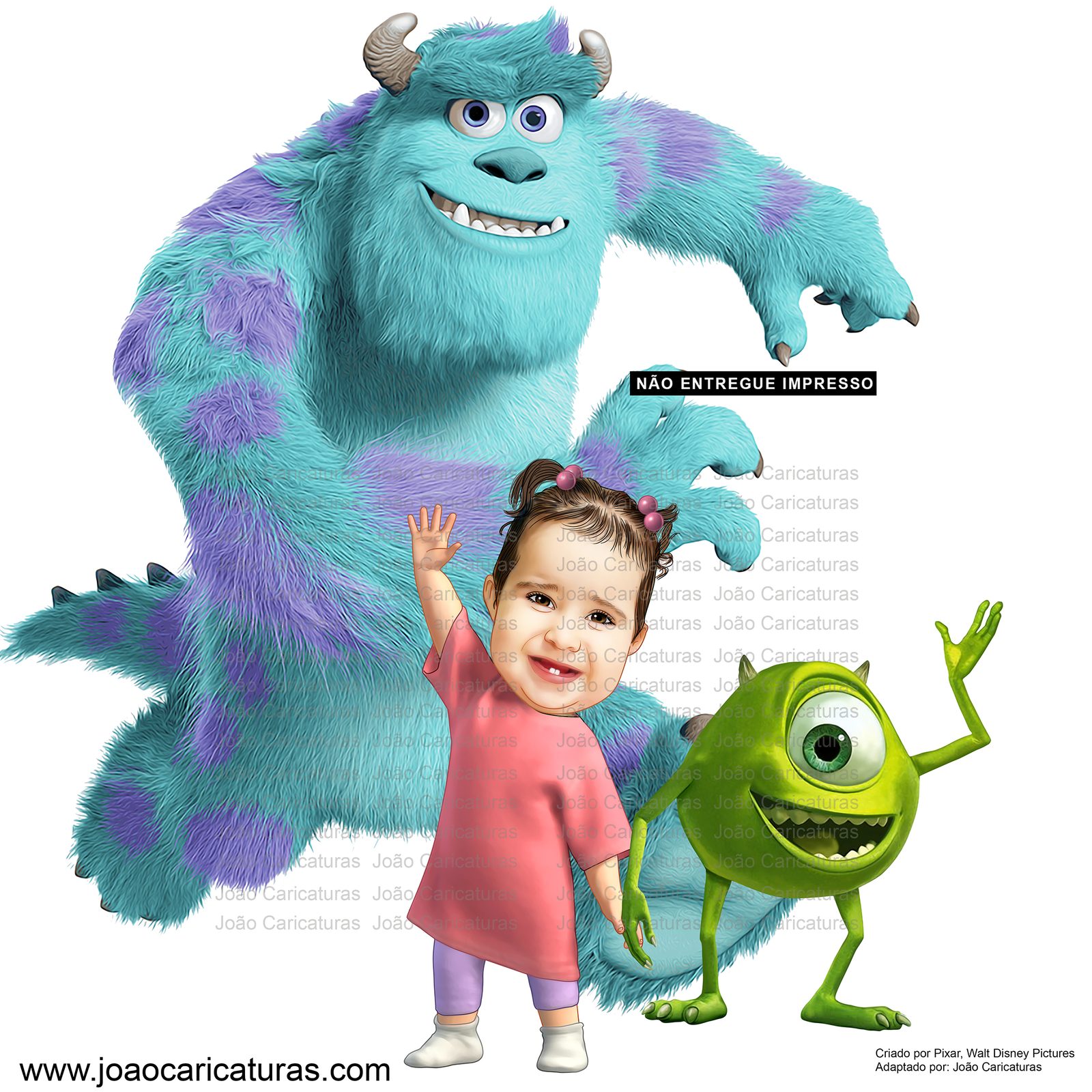 Caricatura personalizada adaptando personagens Sullivan Mike e Boo de monstros SA para banner aniversário no tamanho 1m
