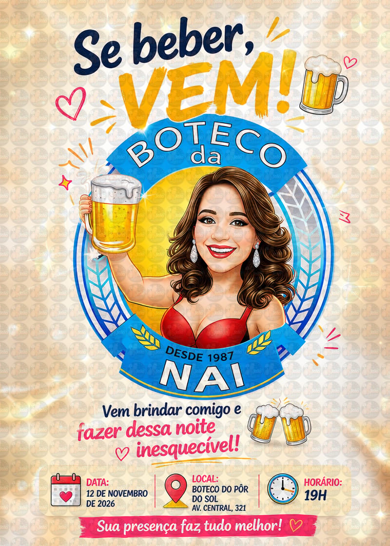 Caricatura Personalizada Feminina Tema Boteco | Convite e Banner para Aniversário