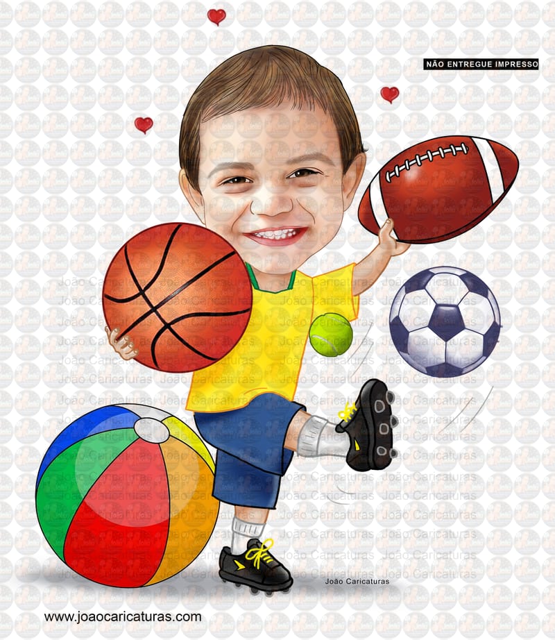 Caricatura aniversário, bebê, menino, tema bolas, bola, basquete, vôlei, futebol, futebol americano, praia, tênis, american football ball
