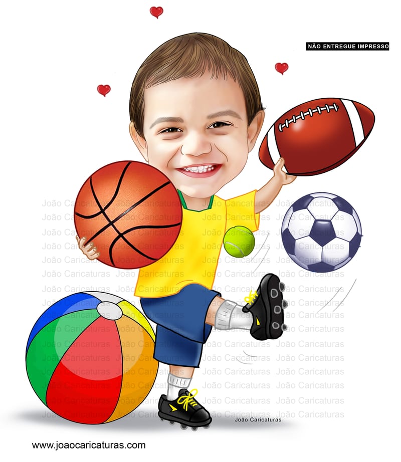 Caricatura aniversário, bebê, menino, tema bolas, bola, basquete, vôlei, futebol, futebol americano, praia, tênis, american football ball