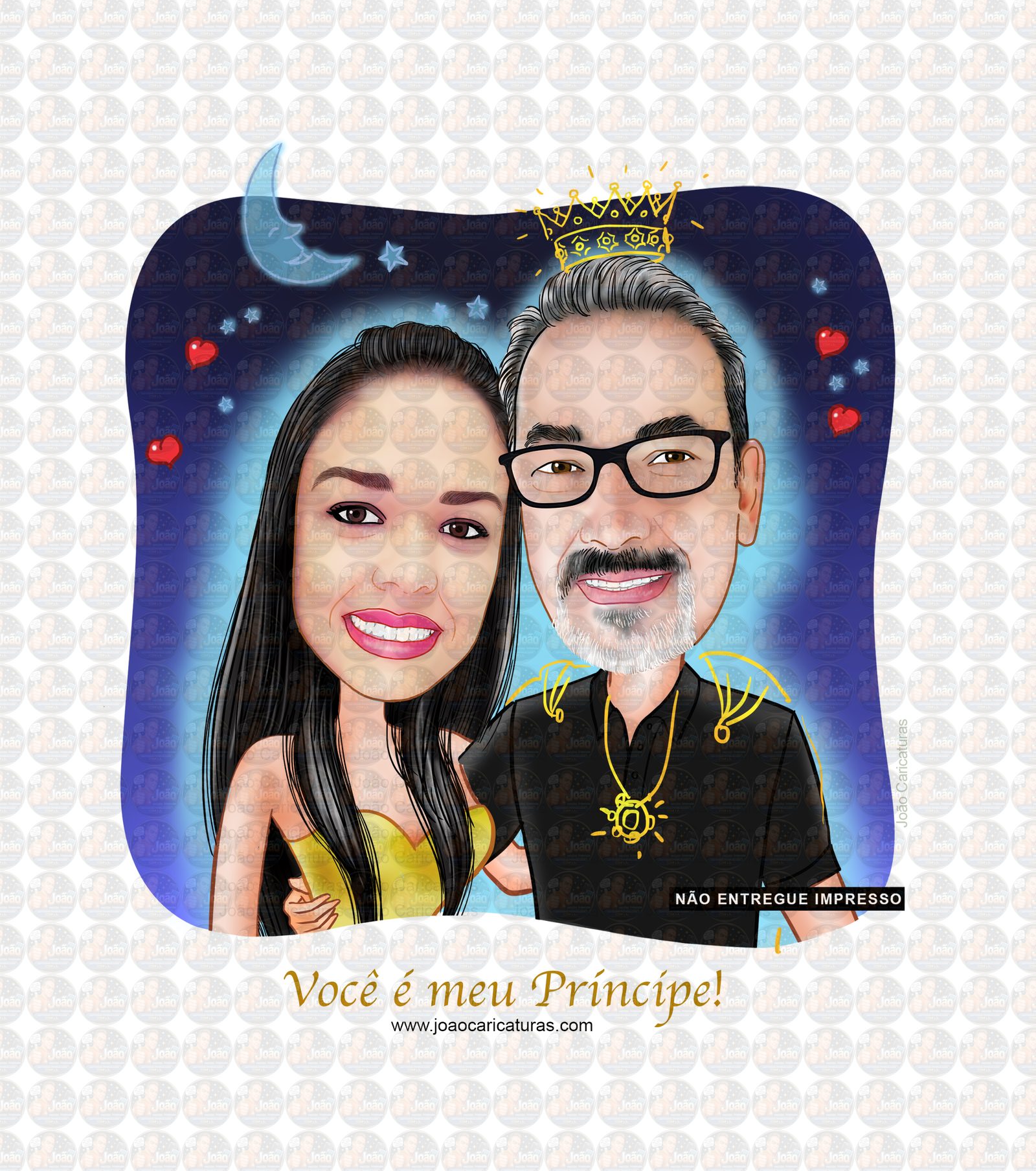 Linda caricatura digital de casal namorados namoro abraçados aniversário festa presente luar príncipe juntinhos crush moderna realista, caprichada rosto normal natura traços perfeitos idênticos, praia
