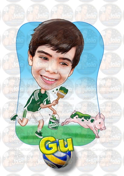 Caricatura aniversário criança filho camiseta grêmio palmeiras time bola correndo neto sobrinho sentada camisa time galinha bebê garoto filho menino pat animal estimação presente quadro