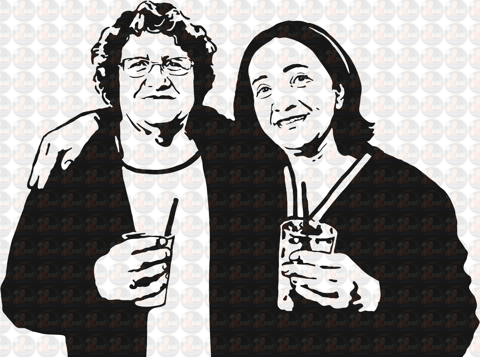 Desenho digital vetorial estilizado traço preto abraçadas amigas bebendo refrigerant copo na mão camiseta ilustração peq impressões realista parecida personalizada família irmãs rancho memória eterna