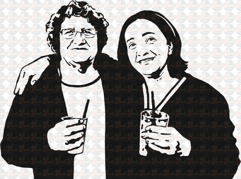 Desenho digital  vetorial estilizado traço preto abraçadas amigas bebendo refrigerant copo na mão camiseta ilustração peq impressões realista parecida personalizada família irmãs rancho memória eterna