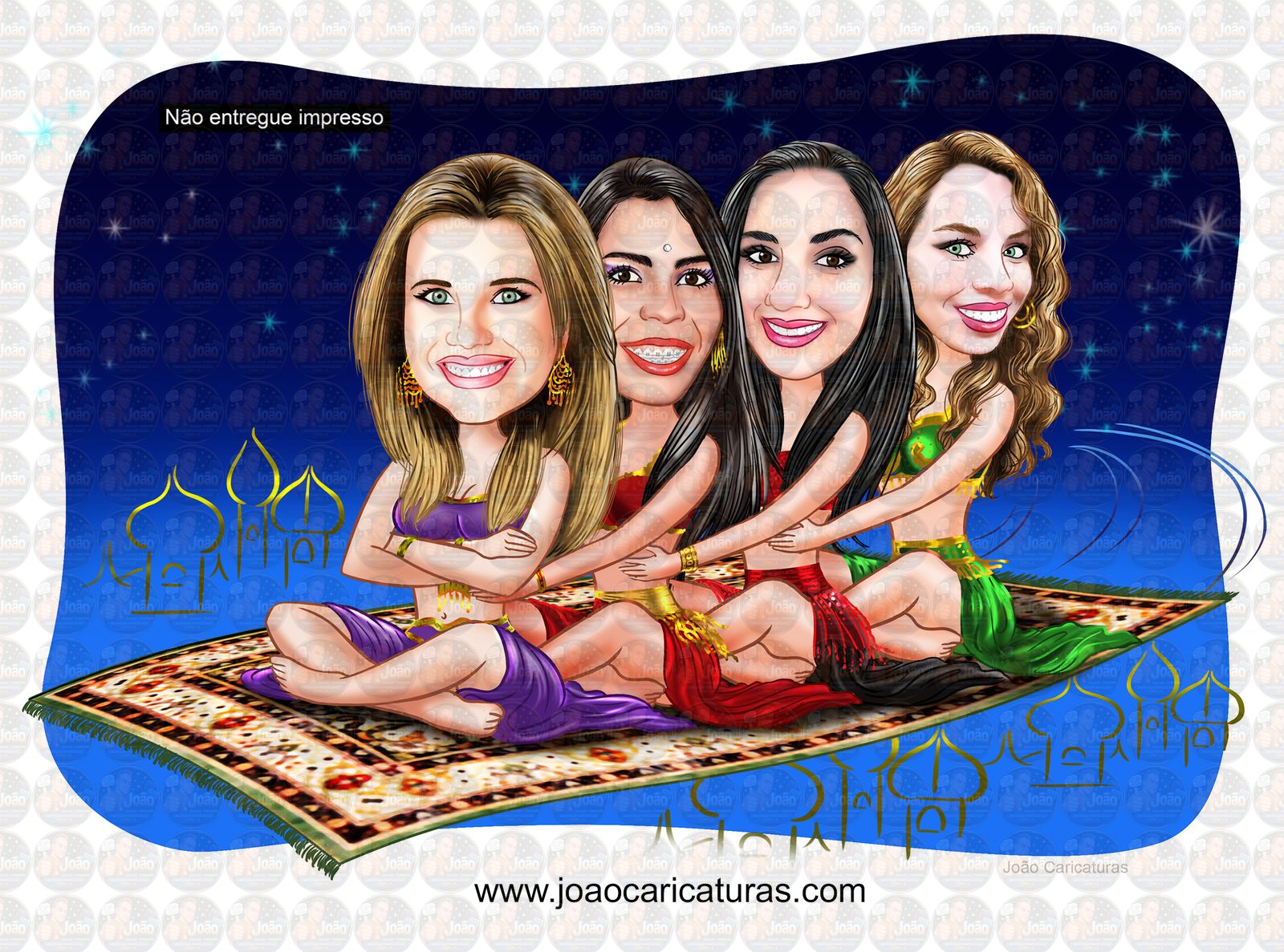 Caricatura aniversário mulher (valor por pessoa) mãe filha , odalisca, voando, tapete voador, arábia,mil e umas noites 1001