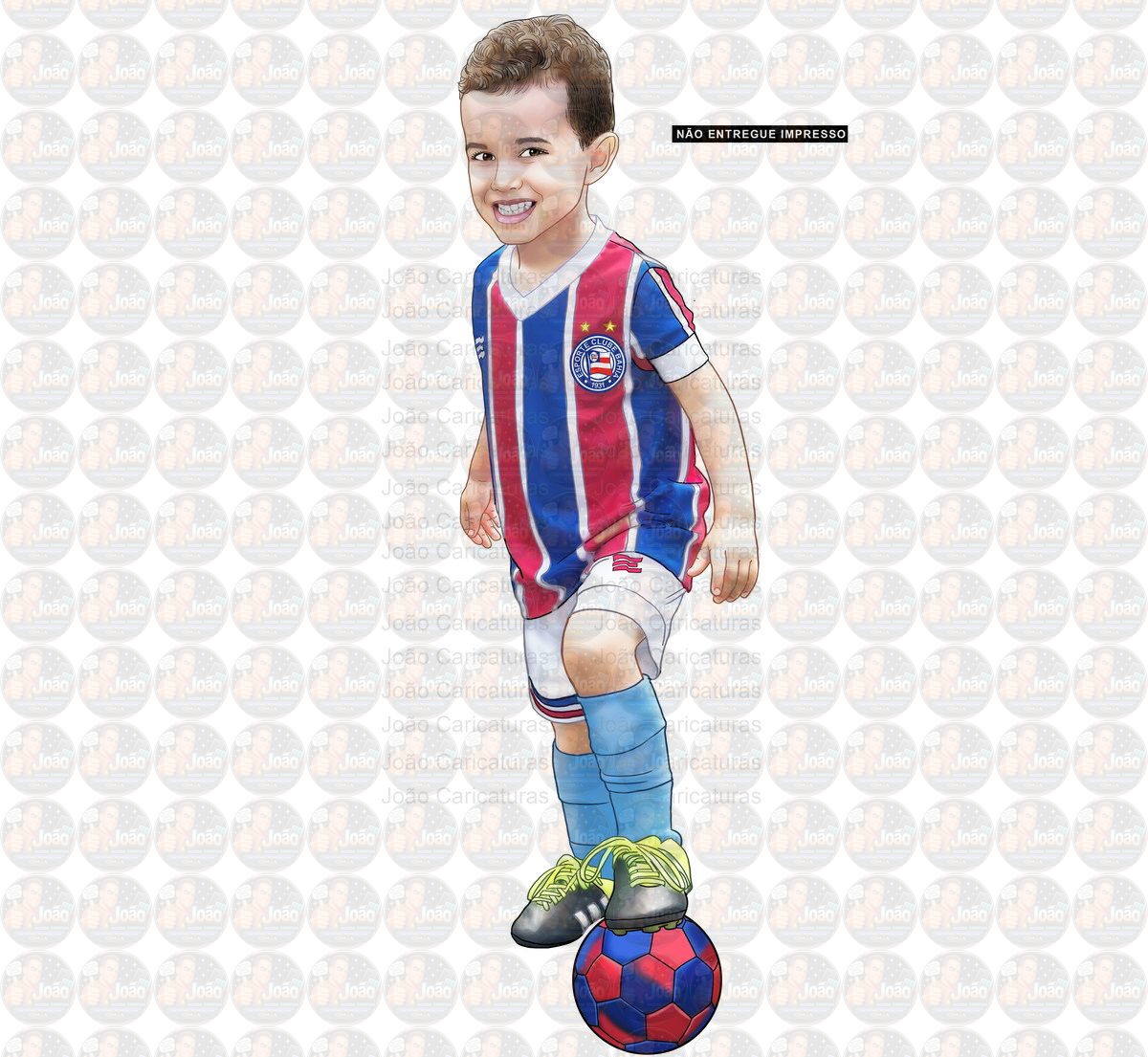 Caricatura Jogador com a bola no pé, profissional de futebol, aniversariante, craque do time, presente de aniversário, menino bom de bola, garoto.
