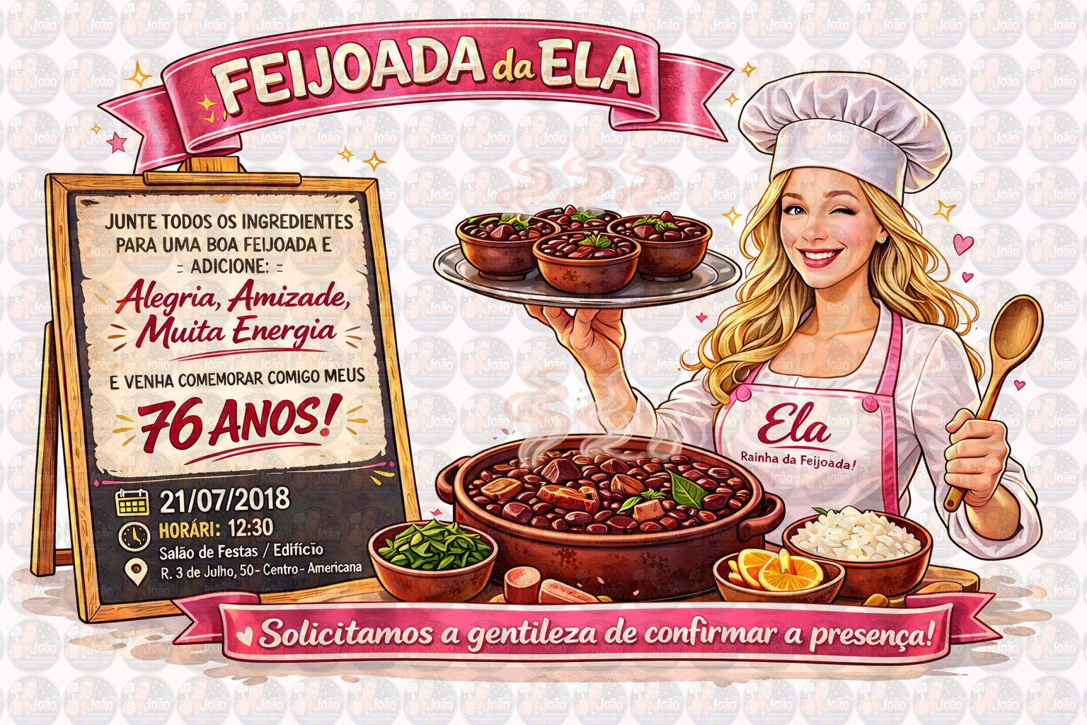 Caricatura Personalizada para Convite de Aniversário tema feijoada | Arte Digital Exclusiva